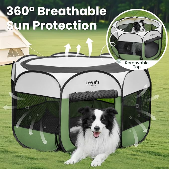 Love's cabin Pet Puppy Dog Playpen, Small Dog Tent Crates Cage Indoor/Outdoor, Portable Playpen for Cat, Foldable Pop Up Dog Kennel Playpen with Carring Case, Removable Zipper Top, Olive Green