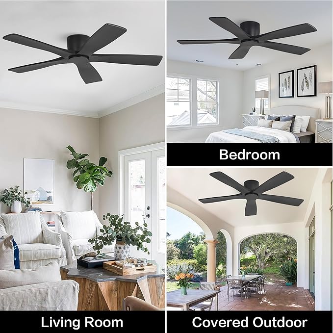 WINGBO 48" Flush Mount DC Ceiling Fans Without Lights, 5 Carved Solid Wood