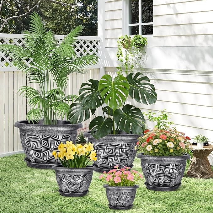 8-Inch-Plastic -Pots-for -Plant with Saucer, 4 Pack Outdoor Planters with Drainage Holes, Decorative Flower Pots for Indoor Plants, Modern 3D Swirl Silver Plant Pots with with Removable Tray