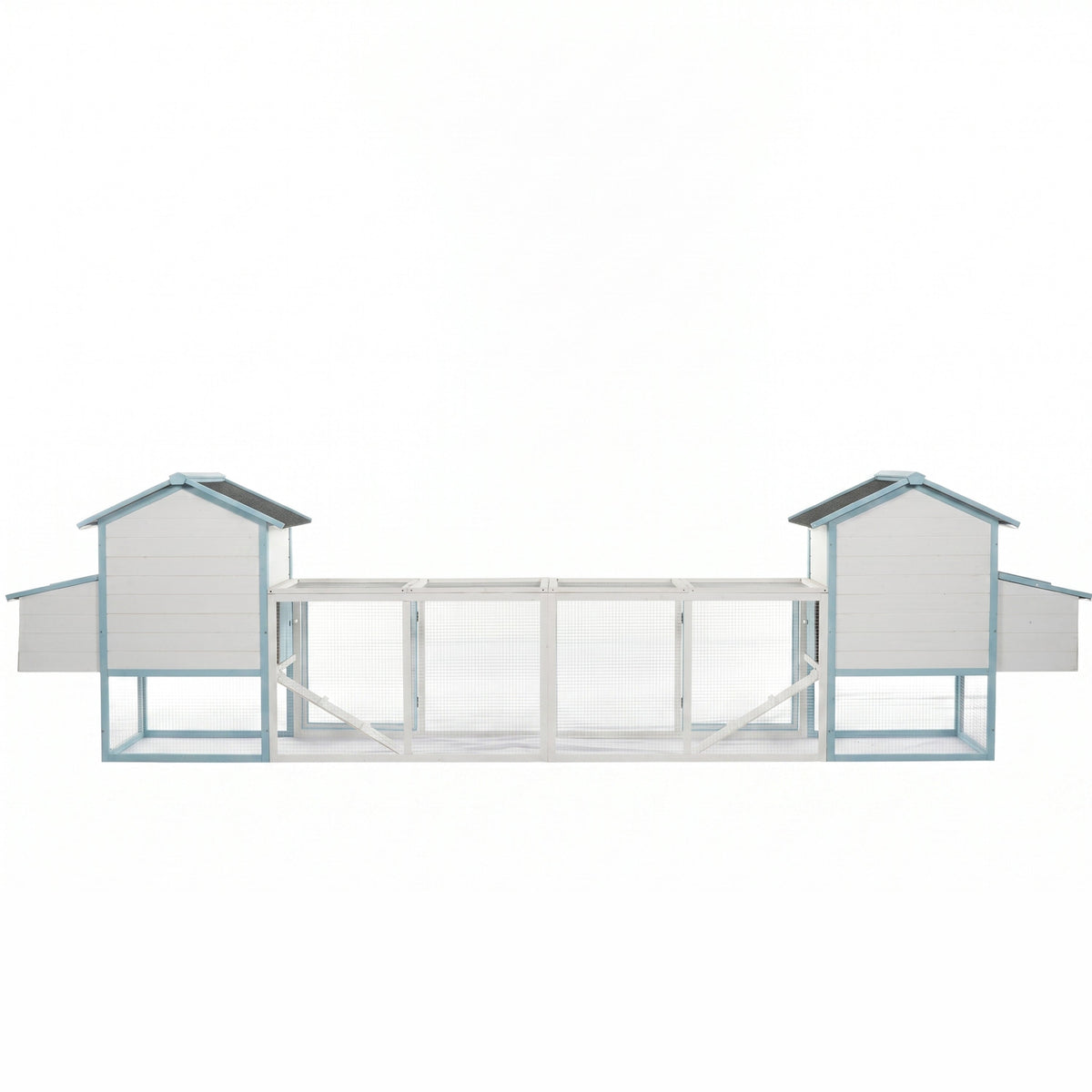 Large Wooden Chicken Coop with Double Nesting Boxes, Outdoor Walk-In Chicken Run with Waterproof Asphalt Roof, Fir Wood Poultry Cage with Pull-Out Dropping Trays, Blue & White Backyard Hen House
