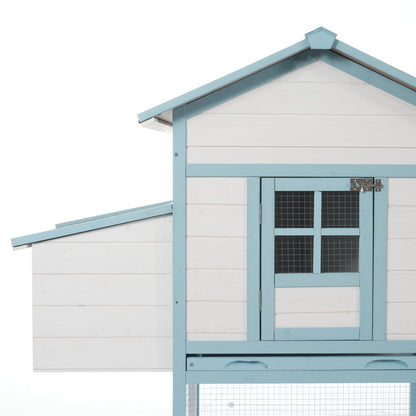 Large Wooden Chicken Coop with Double Nesting Boxes, Outdoor Walk-In Chicken Run with Waterproof Asphalt Roof, Fir Wood Poultry Cage with Pull-Out Dropping Trays, Blue & White Backyard Hen House