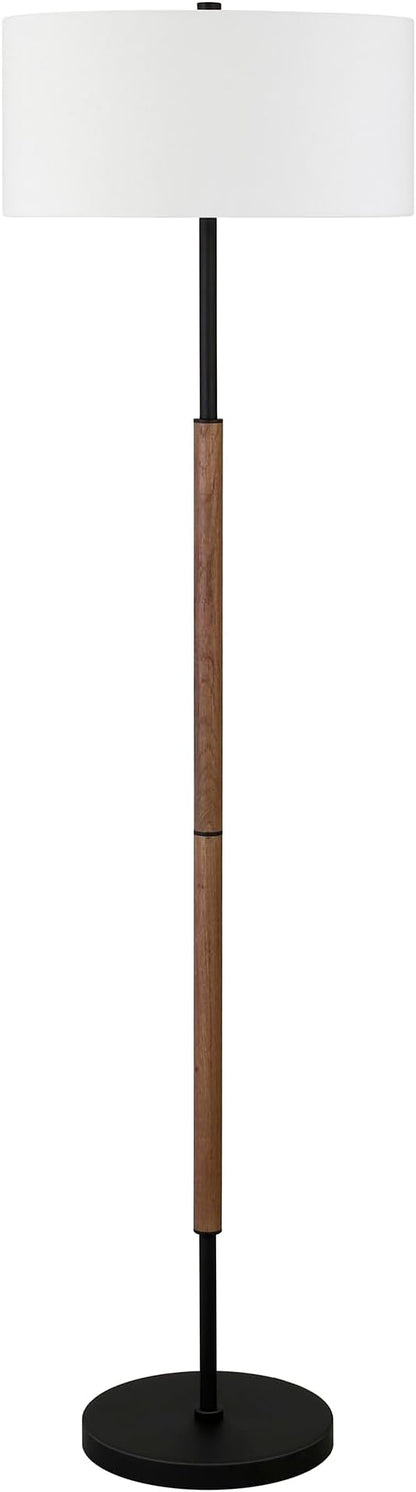 Henn&Hart 2-Light Floor Lamp with Fabric Shade in Blackened Bronze/Rustic Oak/White, Floor Lamp for Home Office, Bedroom, Living Room, 61" Tall