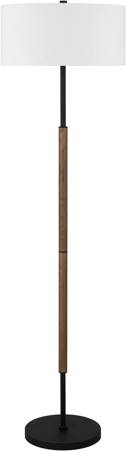 Henn&Hart 2-Light Floor Lamp with Fabric Shade in Blackened Bronze/Rustic Oak/White, Floor Lamp for Home Office, Bedroom, Living Room, 61" Tall