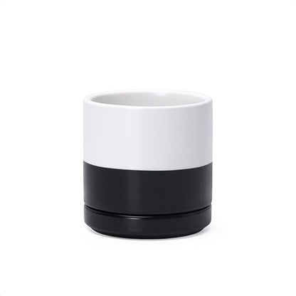 D'vine Dev 3.5 Inch Ceramic Planter Pot, Black White Two Tone, 94-O-A-L | Modern Cylinder Design, Drainage Hole & Saucer Included, Stable Structure, Elegant Home Accent