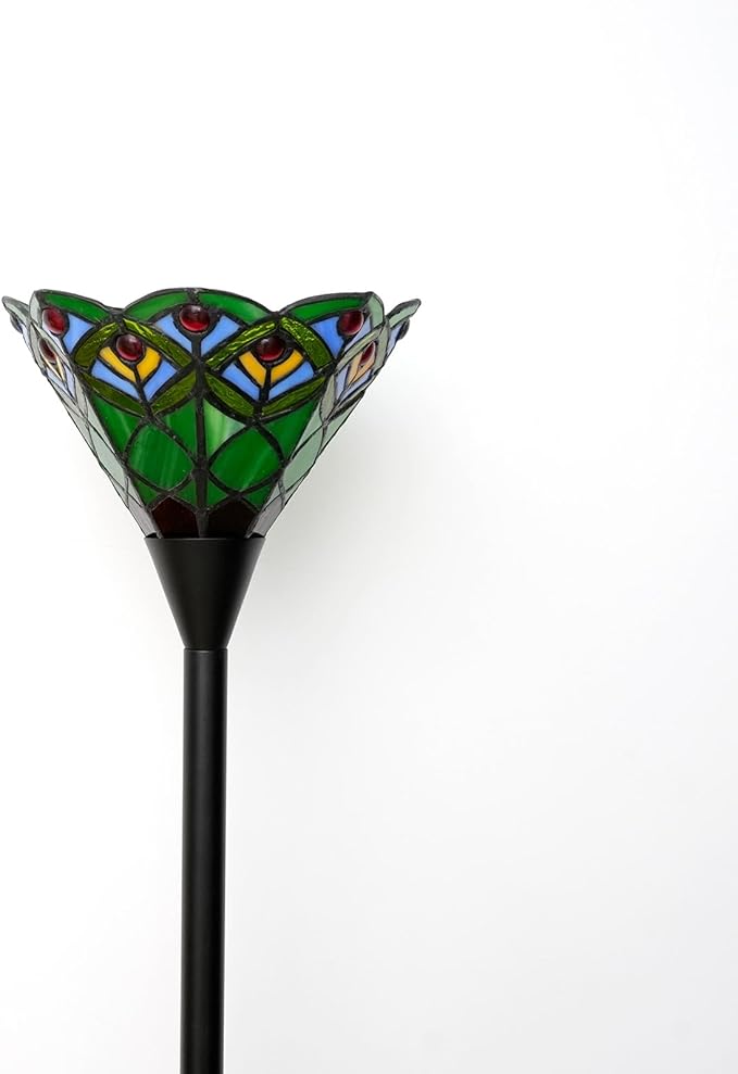 Tiffany Torchiere Floor Lamp Green Peacock Tail Style Stained Glass Floor Light Antique Tall Standing Lamp Handcrafted Pole Reading Uplight Lamp for Home Office Living Room