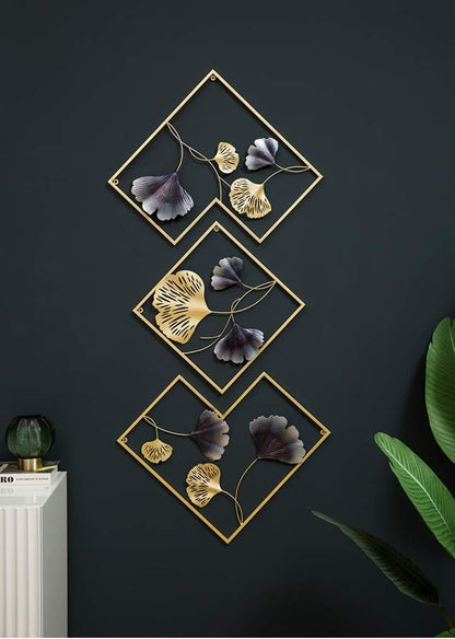 MKUN Iron Wall Sculptures - Set of 3 Diamond shaped Metal Wall Decor with Gingko Biloba Art Great for Home Hotel Decoration(Gold&Gray)