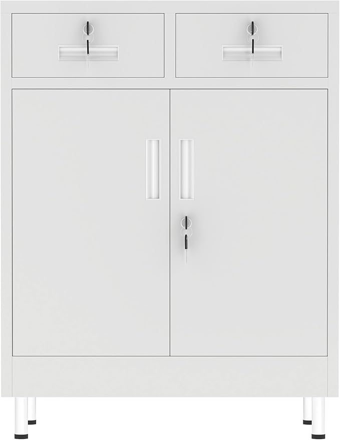 Metal Storage Cabinet with Locking Doors and 2 Drawers, Lockable Storage