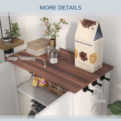 Pet Feeding Station, Dog Food Storage Cabinet w/ Raised Dog Bowls, Adjustable Panel, Hooks for Medium Dogs, White