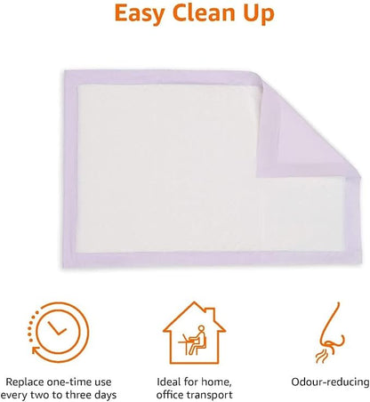 Amazon Basics Cat Pee Pads, Super Absorbent, Odor Control, Unscented, Universal Fit for Litter Box, Disposable, White/Purple, 100 Count