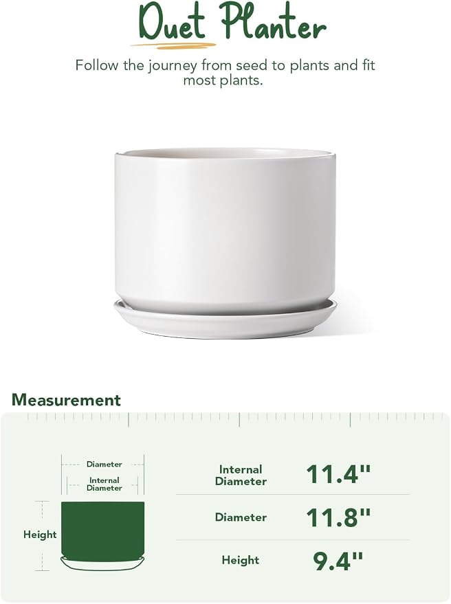 LE TAUCI 12 Inch Pots for Plants, Ceramic Plant Pots with Drainage Holes and Saucers, Elegant and Durable Large Plant Pot, Perfect for Home & Office Decor, White