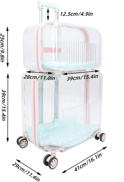 Rolling Pet Trolley Case, Portable Hard Shell Pet Carrier, Clear Plastic Cat Travel Box, Suitable for Cats and Dogs(Pink,11.4 * 16.1 * 25.2in)