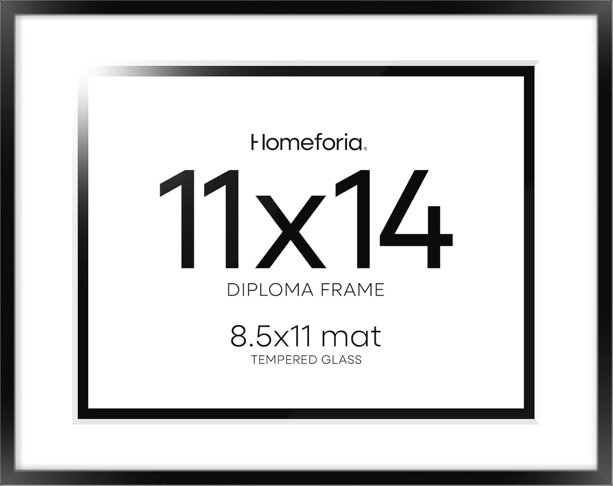 Homeforia 11x14 Diploma Frame Black, High End Metal 11 x 14 Certificate Frame with Mat 8.5 x 11 inch, 14x11 Document Frame Matted to 8.5x11, Award Graduation Frames, Tempered Glass, Wall Kit, Set of 1