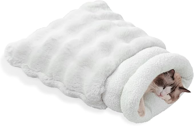 4 in 1 Cat Sleeping Bag Plush Self Warming Cat Bed Snuggle Bag Blanket Mat Cave (Small Cats Up to 15 lbs) White 21 × 17 Inch