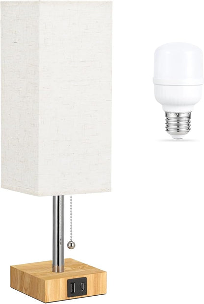 aooshine Beige Small Table Lamp for Bedroom - 3 Color Temperature 3000K 5000K 4000K Bedside Lamp, Pull Chain Control, USB A and C Ports, Wood-Grain Base, Bulb Included