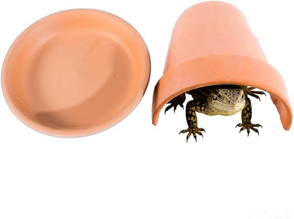 2Pcs Terracotta Reptile Hide and Feeding Bowl Set, Terra Cotta Clay Hideout and Food Water Feeder Dish for Lizard Leopard Gecko Hermit Crab Terrarium Tank Accessories