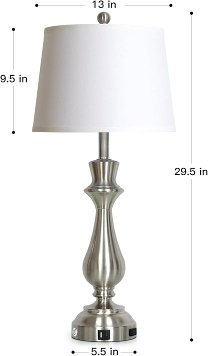 Modern Silver Table Lamps Set of 2 for Living Room,30" Tall Bedside Lamp with USB Charging Port,3-Way Dimmable Touch Nightstand Lamp for Bedroom Desk Side Table Office,Silver