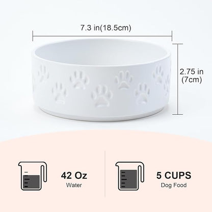 SPUNKYJUNKY Ceramic Dog Bowls 2 Pack, 7.3'' Dog Food Water Double Feeding Bowls Non-Slip for Medium to Large Sized Breed Microwave Dishwasher Safe - 42 OZ, 2pcs, Paw White
