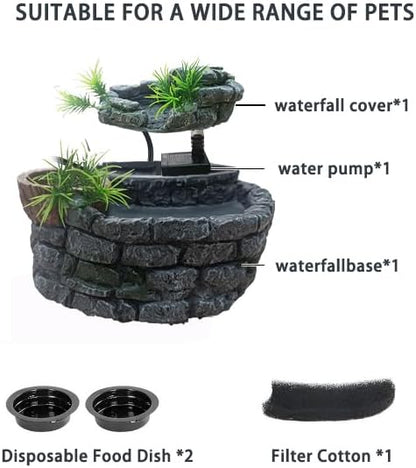 550ML Reptile Water Fountain with Food Dish – Terrarium Drinking Fountain for Bearded Dragon, Gecko, Chameleon, Lizard, Tree Frog & Turtle – Keeps Water Clear, Easy-to-Use Water Dispenser