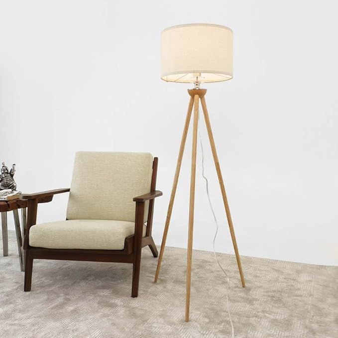 Floor Lamp with Off-White Fabric Lampshade, Nordic Standing lamp, Wood Tripod Floor Lamp for Living Room, Bedroom, Office, Study Room