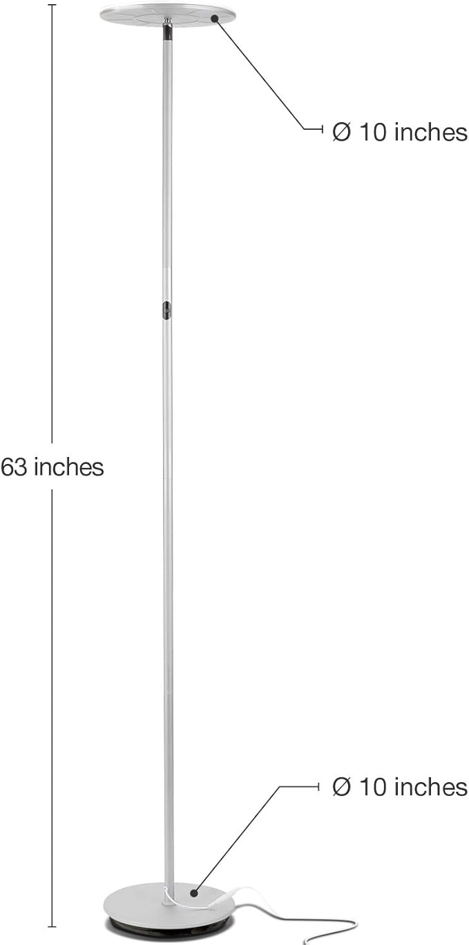 Brightech Sky LED Floor lamp, Torchiere Super Bright Floor Lamp for Living Rooms & Offices - Dimmable, Tall Standing Lamp for Bedroom Reading - Platinum Silver