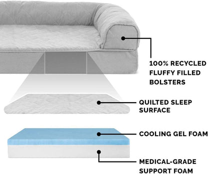 Furhaven Cooling Gel Dog Bed for Large Dogs w/ Removable Bolsters & Washable Cover, For Dogs Up to 95 lbs - Two-Tone Plush Faux Fur & Suede L Shaped Chaise - Stone Gray, Jumbo/XL