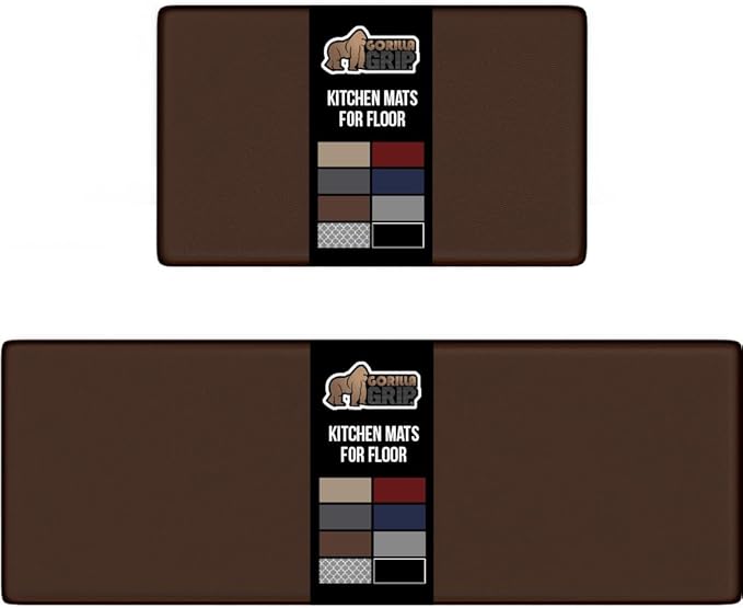 GORILLA GRIP 2 Pack Comfortable Cushioned Kitchen Mats for Floor, 17x24 + 17x48, Waterproof and Stain Resistant, 1/2 Inch Thick Soft Ergonomic Standing Desk Anti Fatigue Mat, Foam Supports Feet, Brown