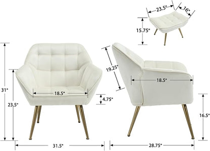 QUINJAY Modern Velvet Accent Chair with Ottoman, Upholstered Lounge Chair with Footrest, Comfy Living Room Chair with Gold Legs Accent Side Chair Armchair for Small Space Bedroom Apartment, Beige