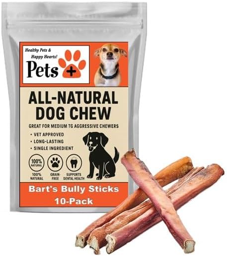 Pets Plus Premium Bart's Bully Sticks for Dogs – 6 Inch, Medium Size, All-Natural, Long-Lasting Chews for Moderate Chewers – High Protein, Low Odor, Grain-Free (10-Pack)