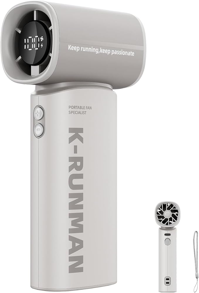 K-RUNMAN Portable Handheld Turbo Fan, 5 Gear Wind, Battery Operated, LED Display