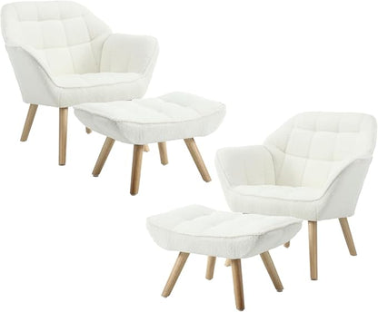 QUINJAY Modern Sherpa Accent Chair with Ottoman Set of 2, Fluffy Upholstered Lounge Chair with Footrest, Comfy Living Room Side Boucle Armchair for Small Space Bedroom, White