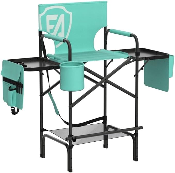 EVER ADVANCED 31" Tall Portable Makeup Artist Chair for Clients Directors Chair with Two Side Tables, Foldable Folding Chair for MUA, Craft Shows, Hair Stylist, Salons, Movie Sets 350LBS Green