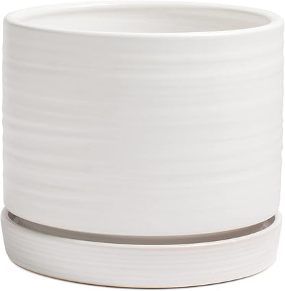HERDUK 8 Inch Pots for Plants, Ceramic Planter Pot with Drainage Hole & Saucer, Indoor/Outdoor Cylinder Round Planter Pot, Matte White
