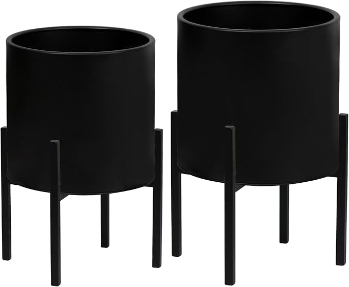 ARNIS Modern Plant Pots, Set of 2 Large Planters with Stand, Decorative Planters, Metal Pots with Drainage Holes for Living Room, Office, Garden or Balcony, 8.25 &10.5 Inch, Blcak