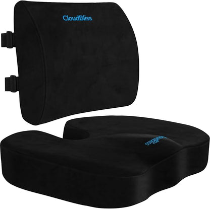 CloudBliss Seat Cushion, Office Chair Cushion,Car Seat Cushion, Lumbar Support Pillow for Office Chair, Back Support Memory Foam Pillow Coccyx Cushion for Tailbone & Sciatica Pain Relief,Black,X-Large