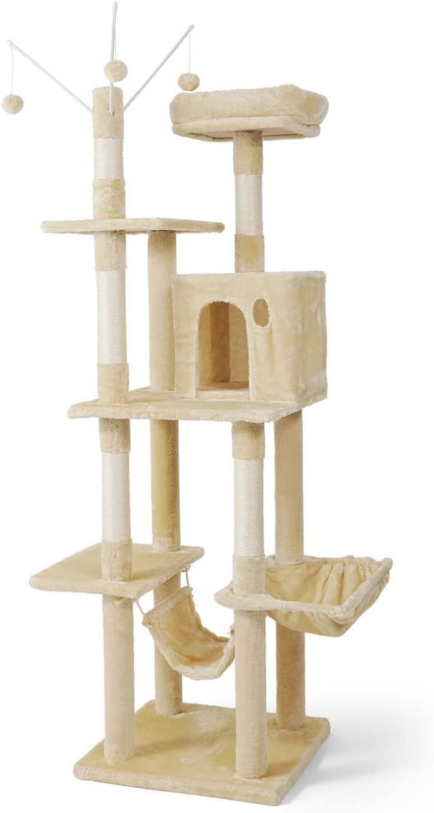 CAPHAUS Tall Climbing Modern Indoor Play Tower for Large Cats Kittens, 70-Inch with Top Perch, Cat Cave Condo, Cat Tree w Hammock, Multi-Level Cat Activity Tree w Cute Scratching Posts
