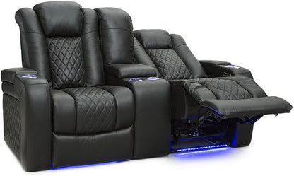 Seatcraft Anthem Home Theater Seating - Italian Leather - Power Recline Loveseat - Center Storage Console - Powered Headrests - Arm Storage - USB Charging - Cup Holders, Black