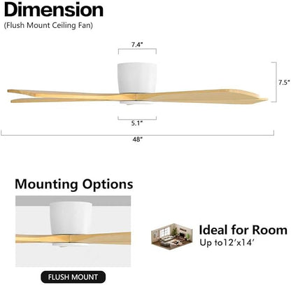 WINGBO 48" Flush Mount DC Ceiling Fans Without Lights, 5 Carved Solid Wood