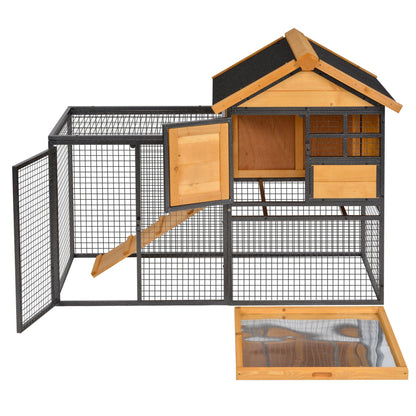 Outdoor Rabbit Cage Elevated Pet House w/ Slide-Out Tray, Natural Wood & Black