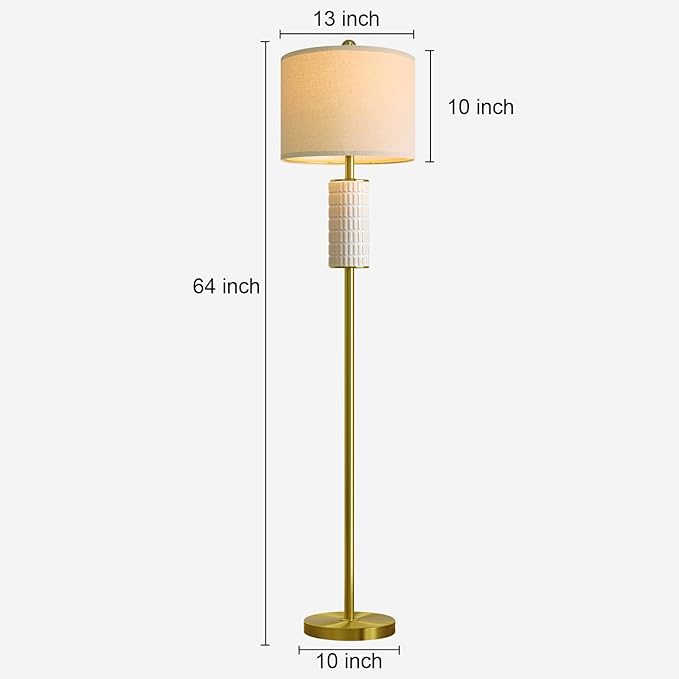 PoKat Gold Ceramic Floor Lamp for Living Room Bedroom, 64" Modern Standing Lamp with Rotary Switch, Tall Living Room Lamp Decor for Reading Corner, Home Office, Nursery, Brushed Gold