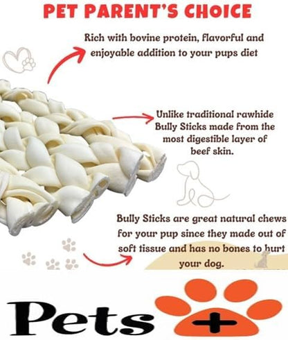 Pets Plus Premium Dog Treats – 3-Pack Braided Cheek Collagen Sticks for Dogs – Long-Lasting, Natural, High Protein Chew – Rawhide Alternative for Medium & Large Dogs