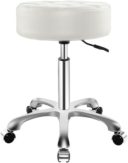 Ainilaily Rolling Stool with Wheels, Thick Cushion Heavy Duty Esthetician Hydraulic Chair Stool for Work Medical Tattoo Salon Office (White)