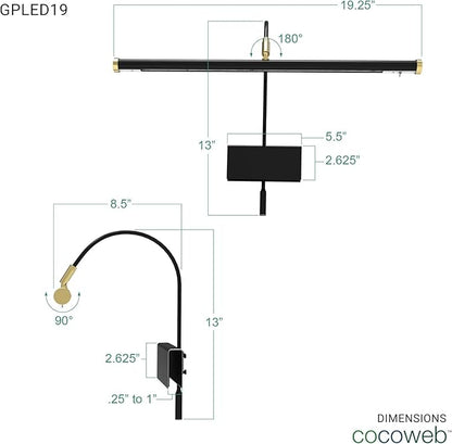 Cocoweb 19" LED Grand Piano Light in Black with Satin Nickel Accents with Dimmer Clip