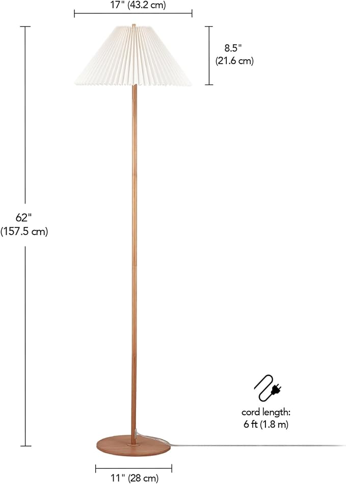 GLOBE Electric 61000053 62" Floor Lamp, Wood-Toned Finish, Pleated Fabric Shade, Pull Chain Switch, Reading Light, E26 Base, Modern Classic Lighting for Living Rooms and Bedrooms