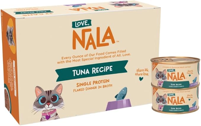 LOVE, NALA - Single Protein Tuna Flaked Wet Cat Food - Hydration Broth, Natural, Grain-Free, Non-GMO, No Gums, No Carrageenan, Human-Grade Tuna, Added Vitamins & Minerals - 2.8 oz, 12 Cans