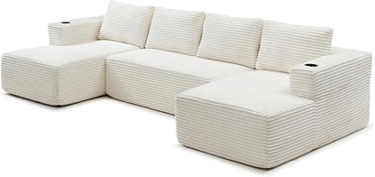 132" Modular Sectional Sleeper Sofa, Boneless Cloud Couch for Living Room, U Shaped 5 Seat Sofa with 2 Cup Holders, Free Combination, No Assembly Required (Beige)