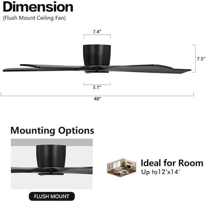 WINGBO 48" Flush Mount DC Ceiling Fans Without Lights, 5 Carved Solid Wood
