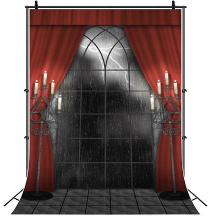 Renaiss 8x10ft Vintage Gothic Window Backdrop Red Curtain Candlestick Black Floor Lightning Stormy Sky Vampire Medieval Castle Photography Background Halloween Dress Up Party Decors Photo Booth Props