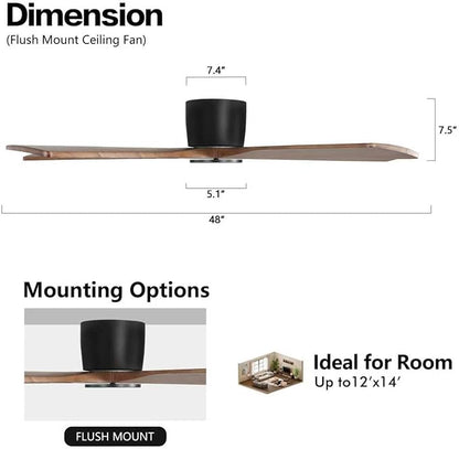 WINGBO 48" Flush Mount DC Ceiling Fans without Lights, 5 Carved Solid Wood