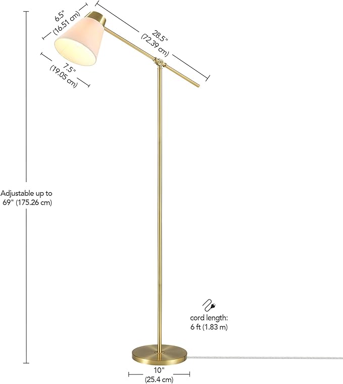 69" Floor Lamp, Swing Arm, Matte Brass Plated, White Tapered Fabric Shade, On/Off Rotary Switch on Socket, 5-Foot Clear Cord, 1-Light, 40W E26/Medium Base Bulb