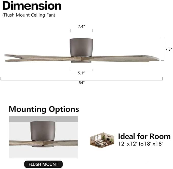 WINGBO 54" Flush Mount DC Ceiling Fans without Lights, 5 Carved Solid Wood